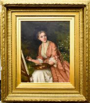 William Oliver (1803 -1901): portrait of a seated lady holding a paint palette, and painting a