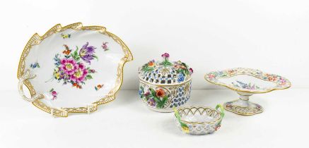 A selection of early 20th century Dresden porcelain, to include leaf form bowl, a potpourri bowl and