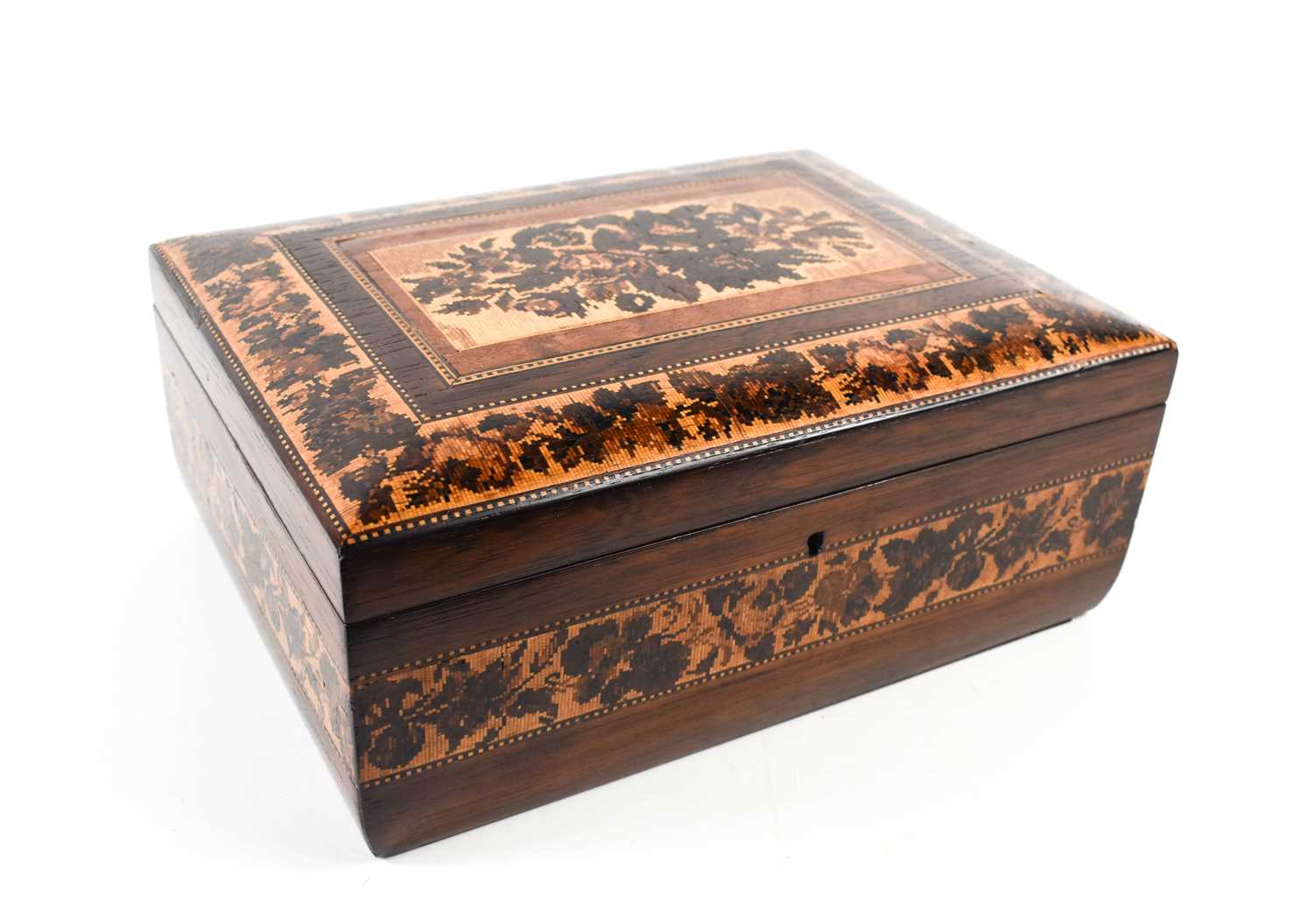 A 19th century rosewood Tunbridge ware box, the raised lid decorated with a mosaic floral group, - Image 4 of 4