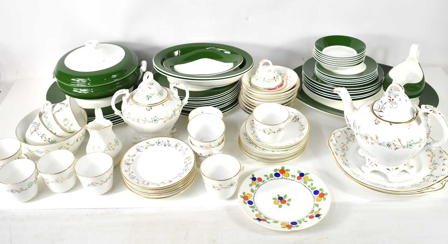 A group of ceramics to include a Wedgewood sage green and white part dinner service together with