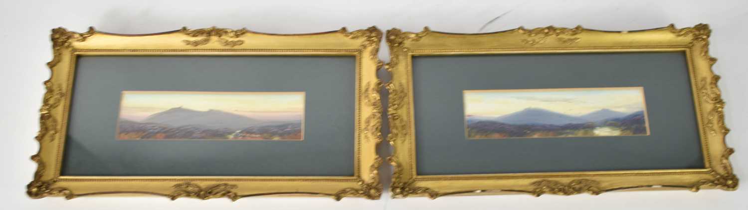 A pair of small watercolours, each depicting highland landscapes with purple heather to the