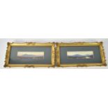 A pair of small watercolours, each depicting highland landscapes with purple heather to the