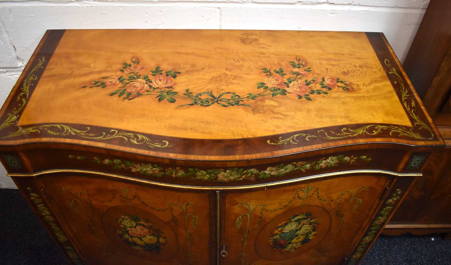 A fine George III satinwood and mahogany serpentine sideboard, hand painted with floral garlands and - Image 2 of 4