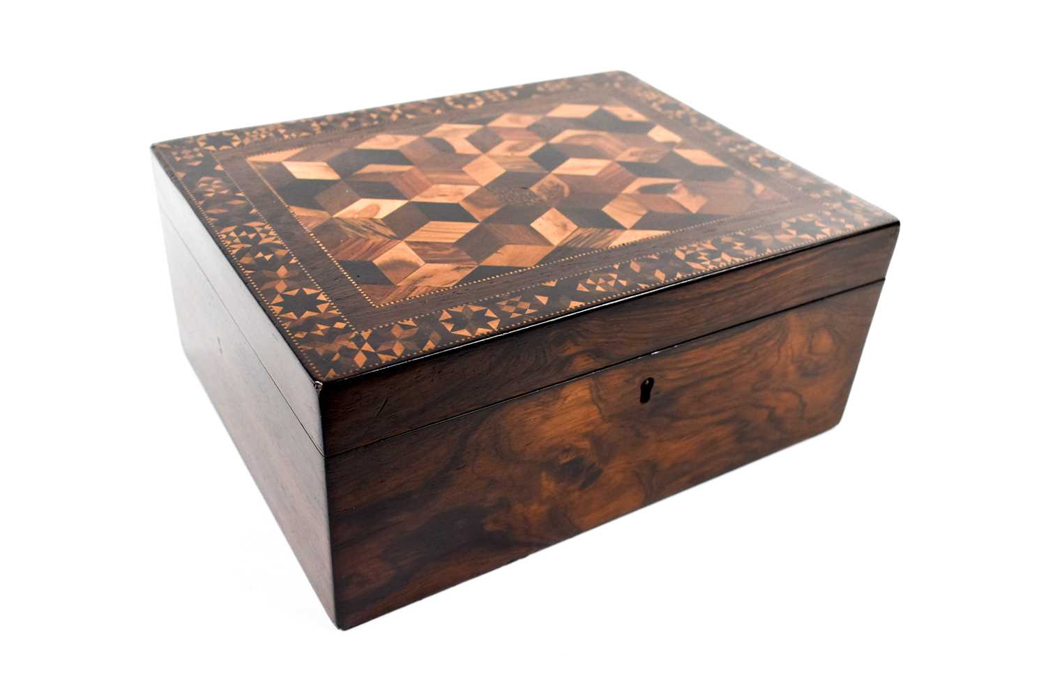 A 19th century rosewood Tunbridge ware work box, the lid with tumbling block design of specimen - Image 5 of 5