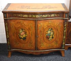 A fine George III satinwood and mahogany serpentine sideboard, hand painted with floral garlands and