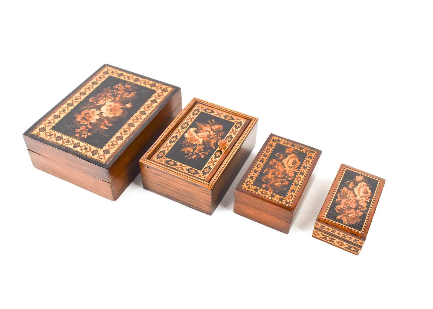 A group of four 19th century Tunbridge Ware boxes, including a playing card box, each decorated with - Image 2 of 3