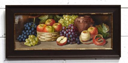 A. Dudley (20th century) Still life of fruit, apples, grapes and a copper vase, signed lower