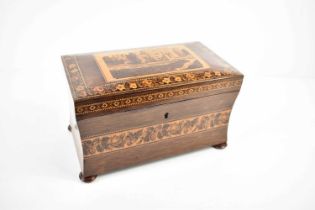 A 19th century Tunbridge Ware tea caddy, likely made by Henry Hollamby, the slightly concave sides