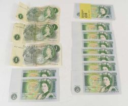 A group of 20th century Bank of England D type one pound notes, comprising ten consequential E07N