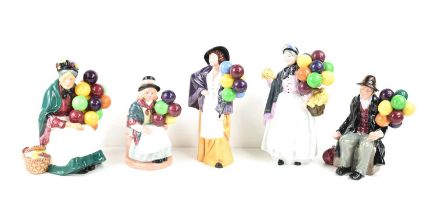 A group of five Royal Doulton figurines, The Old Balloon Seller HN1315, Biddy Penny Farthing HN1843,
