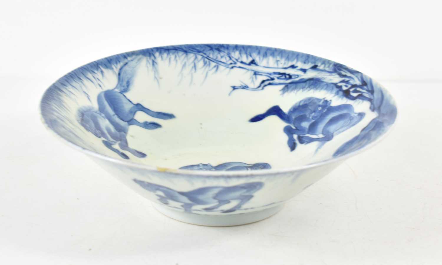 A Chinese blue and white Eight horses of Muwang conical bowl, Qing dynasty, 19.5cm diameter. - Image 3 of 15