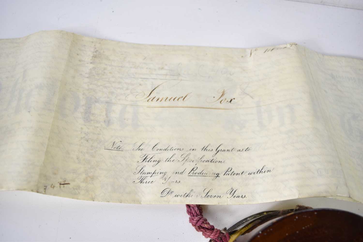 A Royal Warrant of Patent, hand written on vellum and granted to Samuel Fox of The Stocksbridge - Image 7 of 8