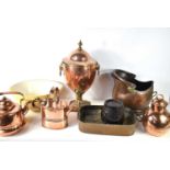 A group of copperware to include a samovar, watering can, coal bucket, tray and a kettle, together