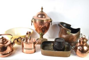 A group of copperware to include a samovar, watering can, coal bucket, tray and a kettle, together