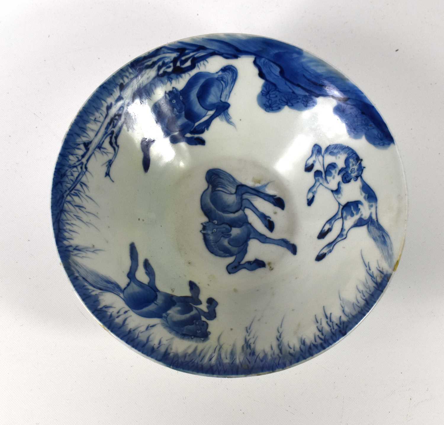 A Chinese blue and white Eight horses of Muwang conical bowl, Qing dynasty, 19.5cm diameter. - Image 4 of 15