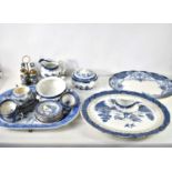 A group of blue and white porcelain 19th century and later, including two large willow pattern