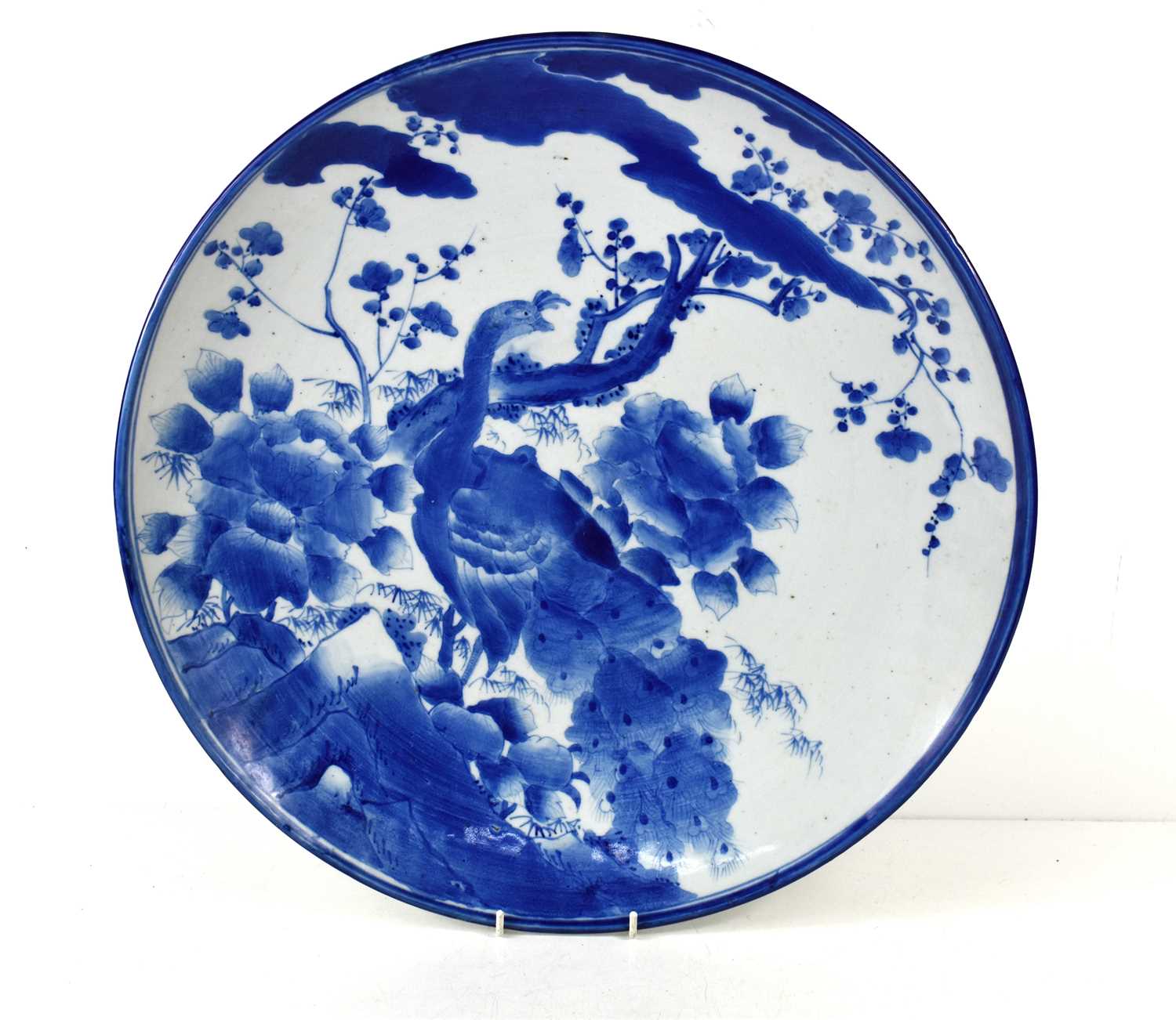An early 19th century Chinese blue and white porcelain charger, decorated with a peacock amongst