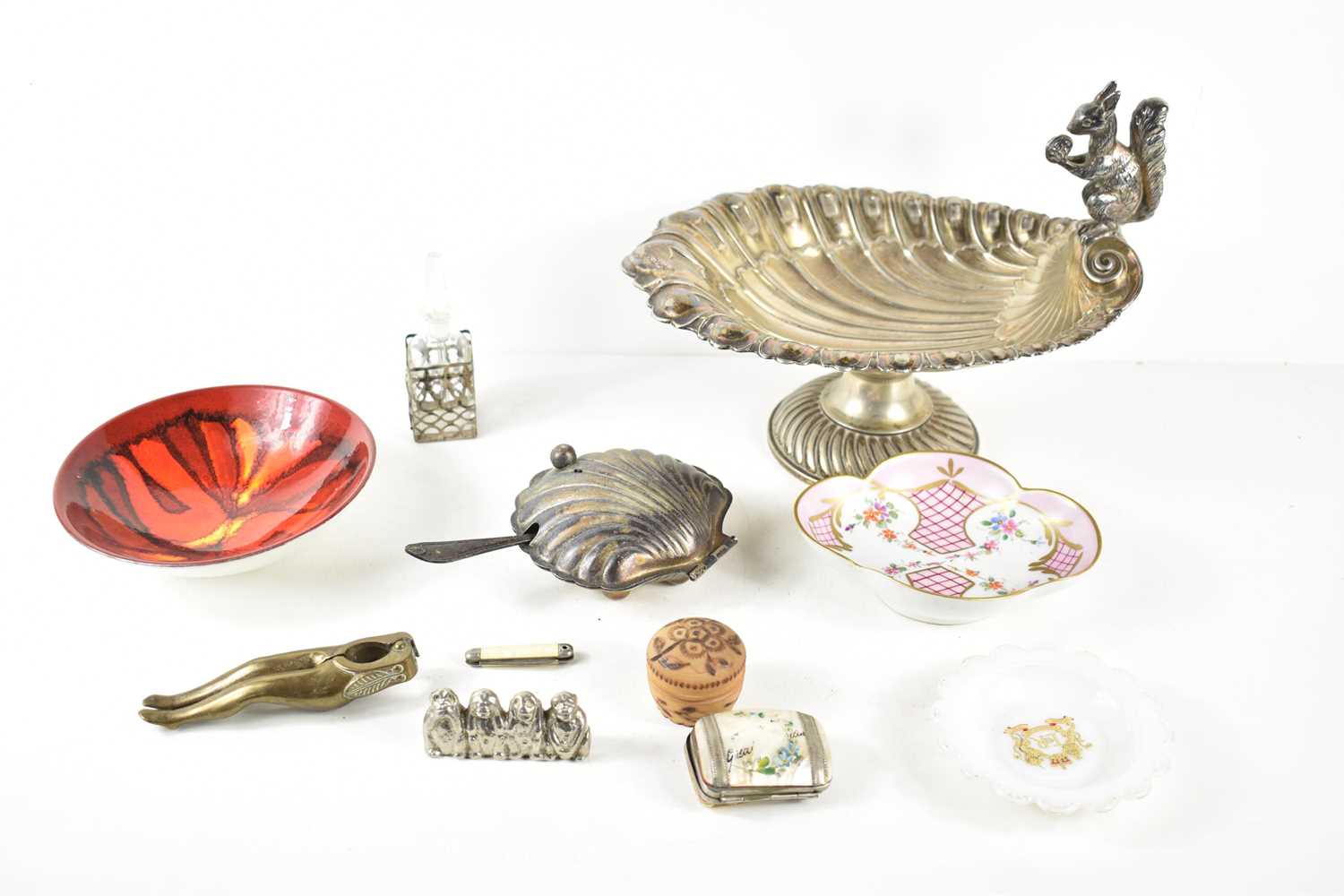 A group of silver, plated and various items, including a silver and glass perfume bottle, of