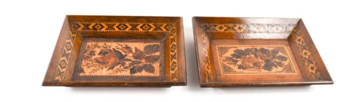 A near pair of 19th century Tunbridge Ware pin dishes, both having floral pattern panels to the