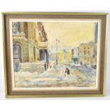 A 20th century oil on canvas depicting a London street scene, unsigned, 49cm by 39cm.