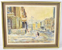 A 20th century oil on canvas depicting a London street scene, unsigned, 49cm by 39cm.