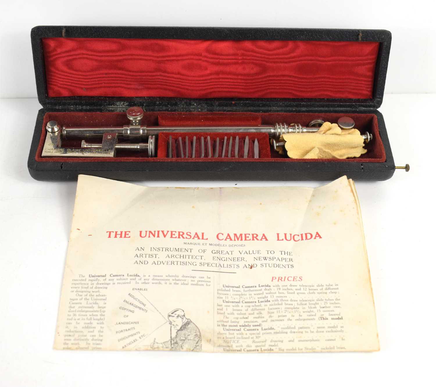 A French Universal Camera Lucida by Chambre Claire with twelve lens, original fitted case and with