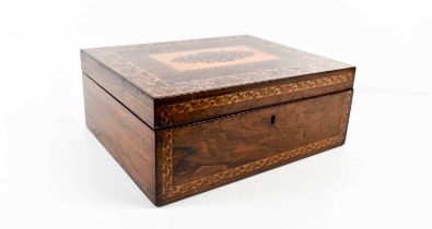 A 19th century rosewood Tunbridge ware box, the top centred by a stylised floral mosaic motif, and