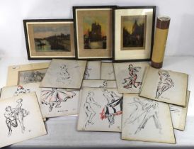 A group of various prints, including sixteen mid 20th century lithographs by Olga Kovalevsky of