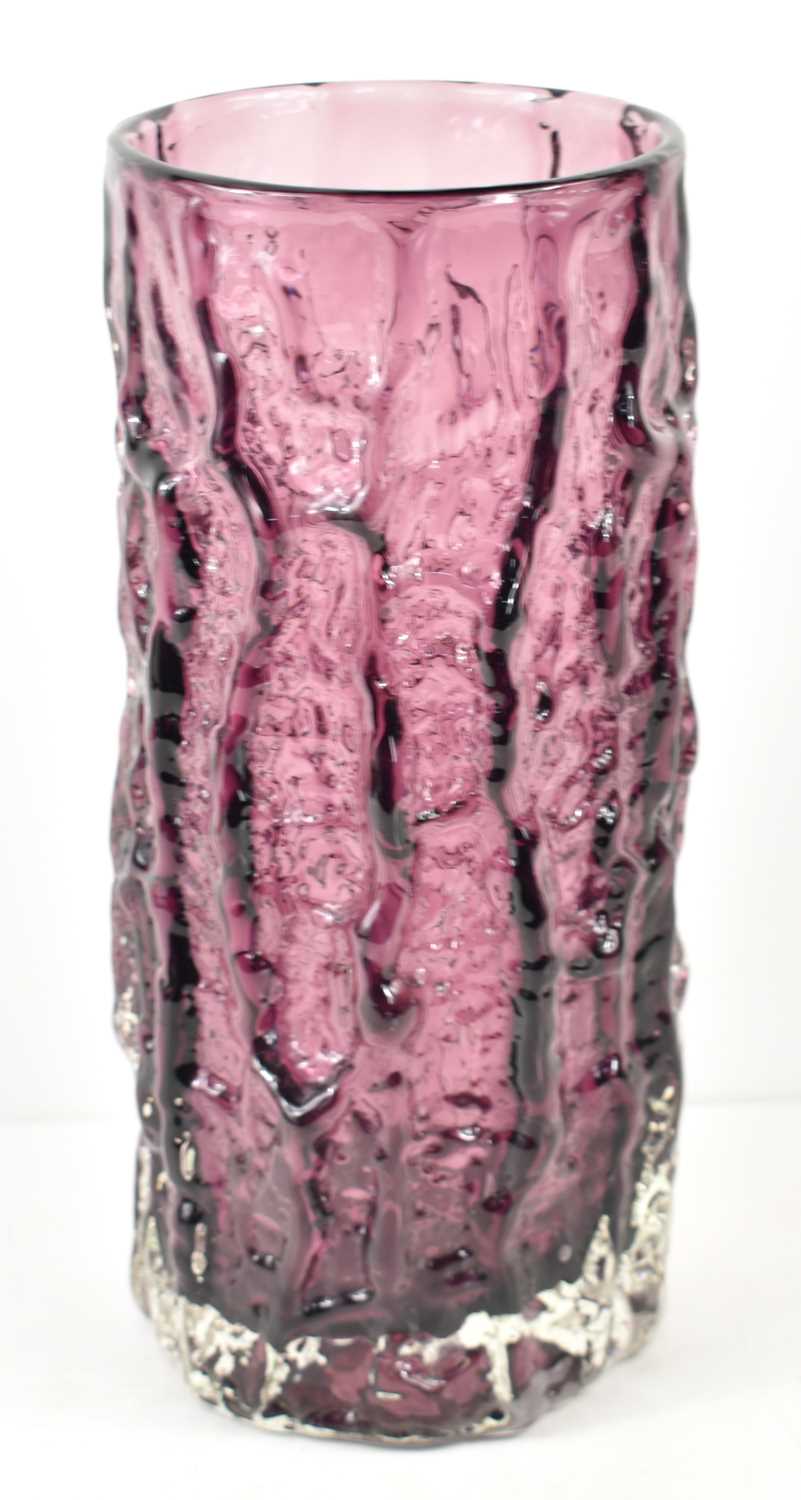 Geoffrey Baxter for Whitefriars, an aubergine coloured cylindrical 'bark' vase, pattern number 9691,
