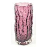 Geoffrey Baxter for Whitefriars, an aubergine coloured cylindrical 'bark' vase, pattern number 9691,