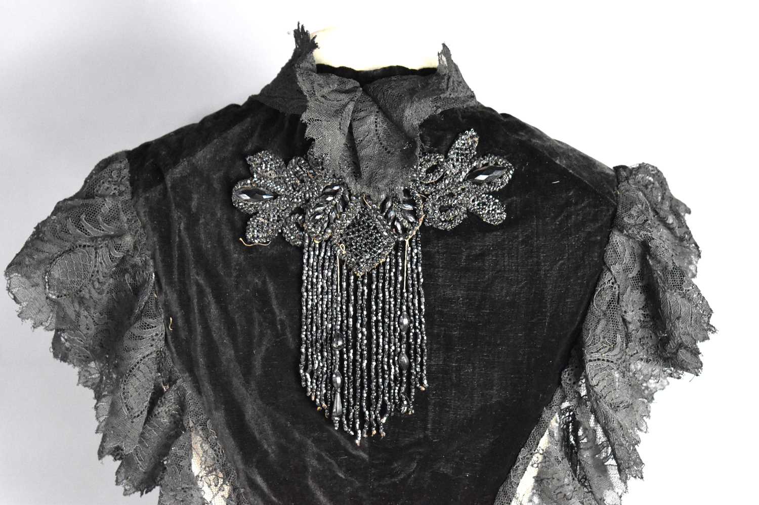 A Victorian velvet and lace mourning bodice with decorative jet bead work and tassels. - Image 3 of 6