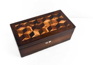 A Georgian early 19th century rosewood box, the lid decorated in the tumbling block pattern composed