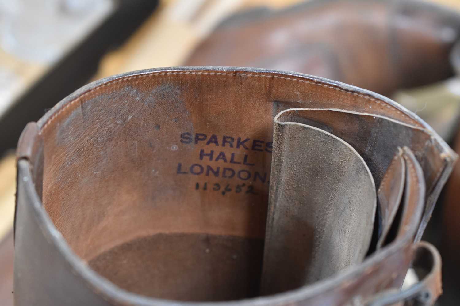 A pair of brown leather riding boots made by Sparkes-Hall of London, complete with wooden trees. - Image 7 of 8