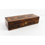 A Georgian early 19th century rosewood Tunbridge ware games box, with a cribbage board lid, and