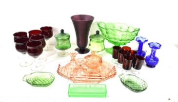 A collection of early 20th century and later coloured glass including six cranberry glass goblets