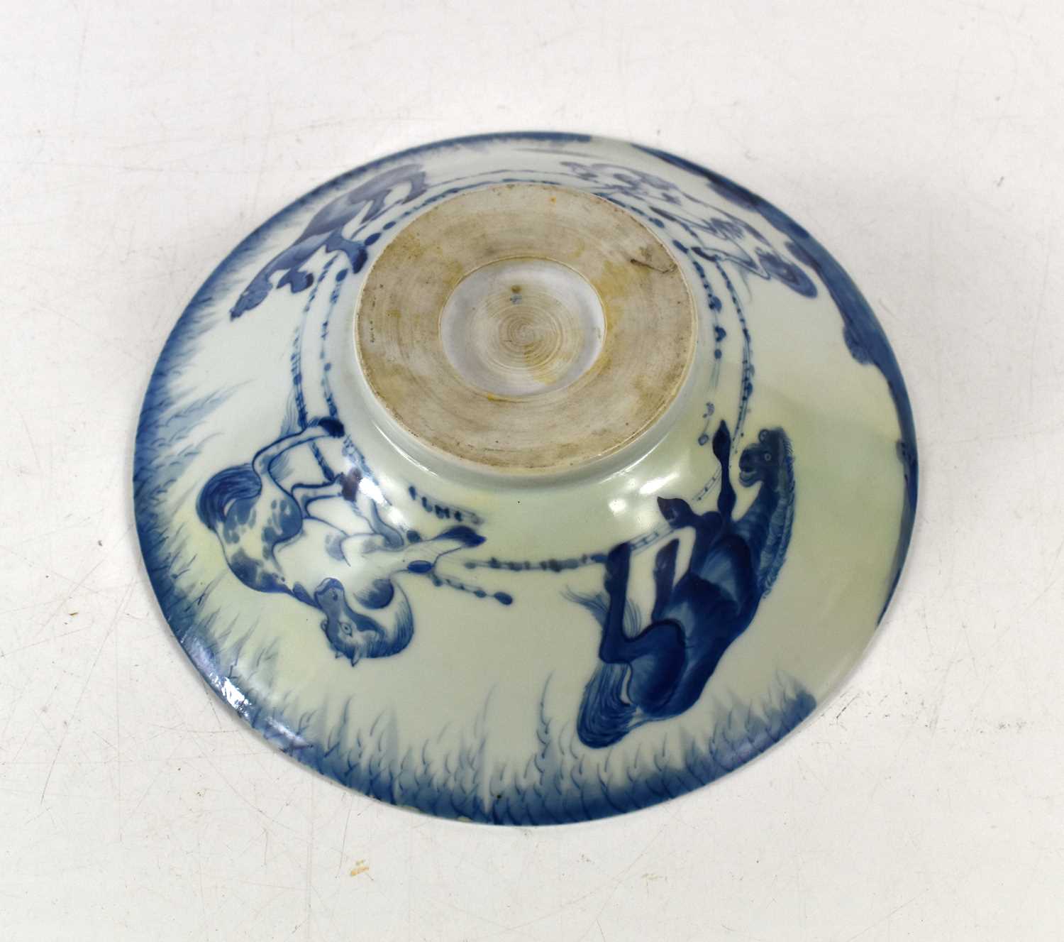 A Chinese blue and white Eight horses of Muwang conical bowl, Qing dynasty, 19.5cm diameter. - Image 6 of 15