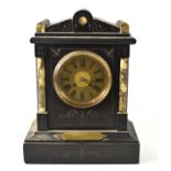 Military interest: A slate and marble mantle clock with Roman numeral dial, the front having a brass