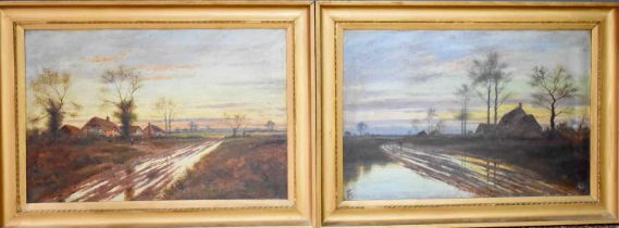 Joel Owen (20th century): Dusk and Dawn landscapes, a pair of oil on canvas, 50 by 75cm.