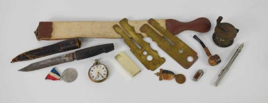A Russian military dagger with leather sheath, military pocket watch G.S.T.P L2617, two medals,
