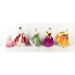 A group of Royal Doulton porcelain figurines: Southern Belle, Adrienne, Kirsty, Rose and Fair Lady.