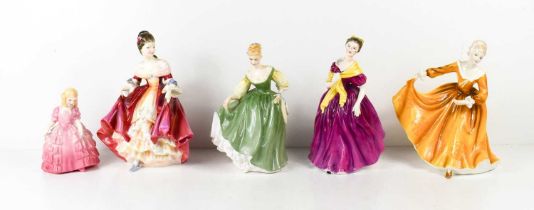 A group of Royal Doulton porcelain figurines: Southern Belle, Adrienne, Kirsty, Rose and Fair Lady.
