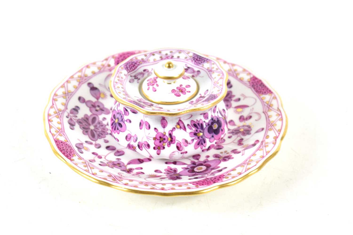 A Meissen lidded pot and saucer, decorated in a detailed purple floral pattern with gilding to the - Image 3 of 4