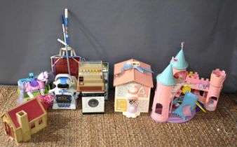 A collection of vintage toys, including play Hoover, Sylvanian School House and My Little Pony.