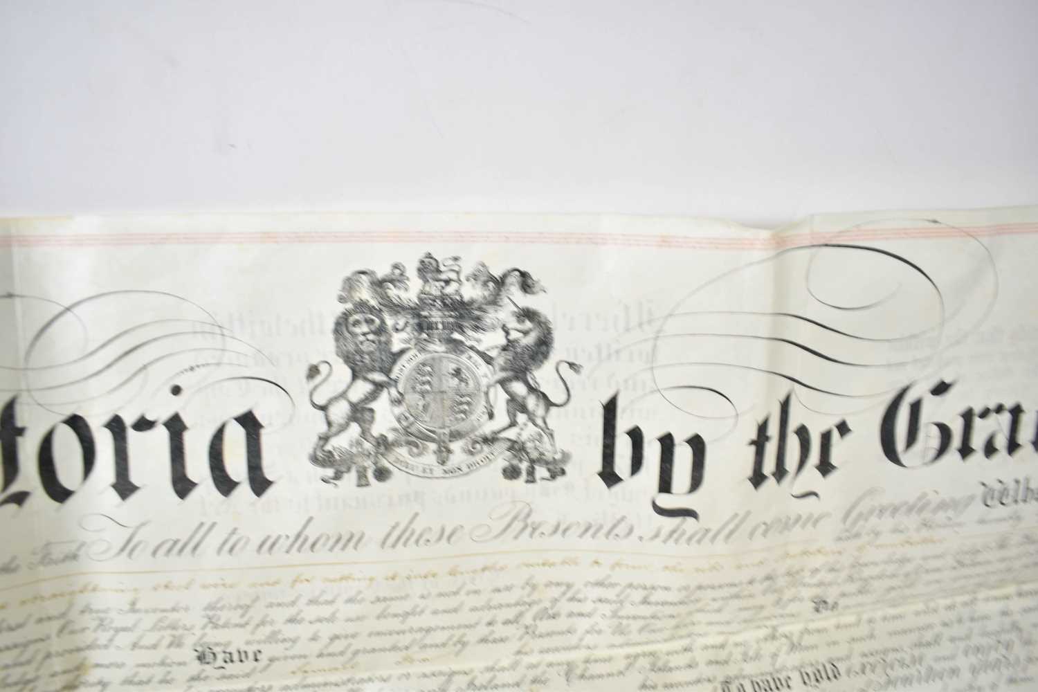 A Royal Warrant of Patent, hand written on vellum and granted to Samuel Fox of The Stocksbridge - Image 6 of 8