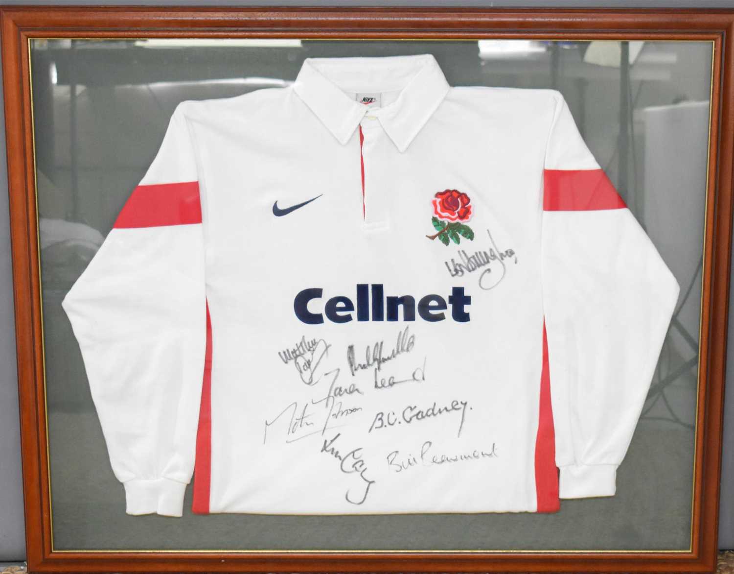 A Rugby Jersey signed by various past members of the England squad to include Bernard Gadney, Bill