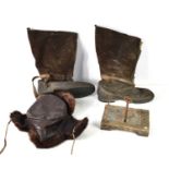 A pair of vintage Itshide 1941 pattern flying boots together with a Russian fur and leather
