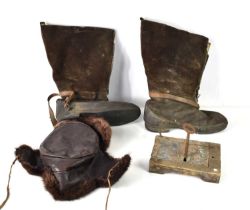 A pair of vintage Itshide 1941 pattern flying boots together with a Russian fur and leather