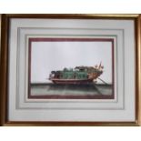 A decorative print of a 19th century Chinese watercolour depicting a junk or houseboat, 21 by