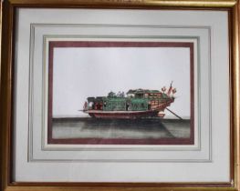 A decorative print of a 19th century Chinese watercolour depicting a junk or houseboat, 21 by