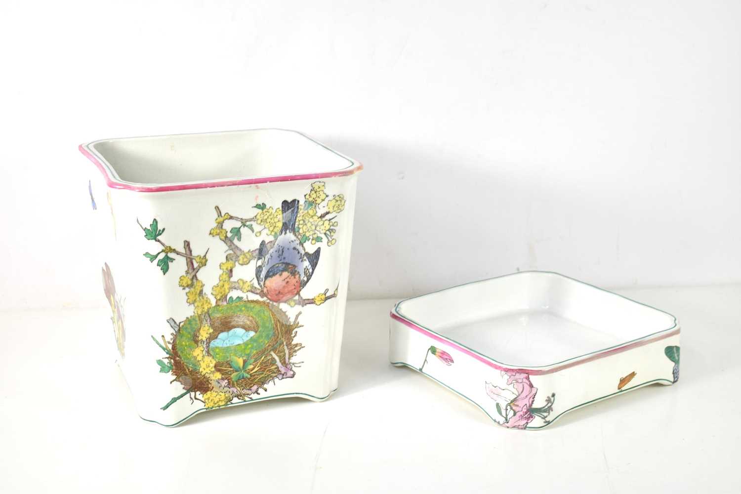 A Minton Naturalist jardiniere and stand of square form, designed by William Stephen Coleman,